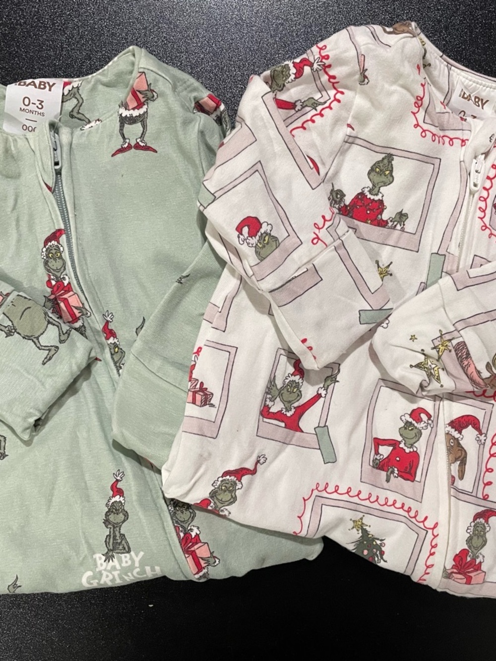 Two Baby Grinch Holiday Footed One-Pieces - Green & White 0-3 mo. 🎄🎅🏻